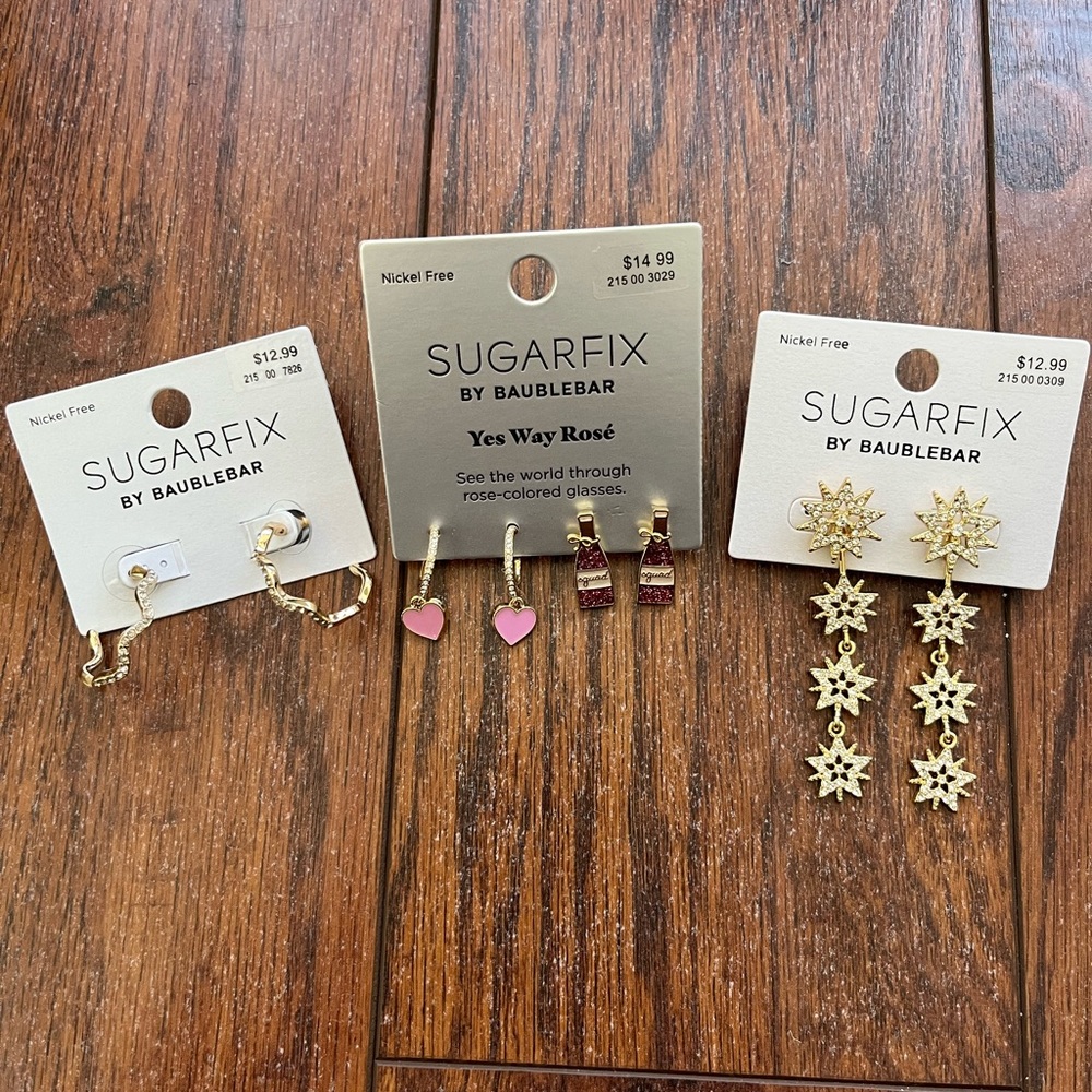 Sugarfix Baublebar Set of 3 Earring Yes Way Rose Zig Zag hoop Starburst Star NWT